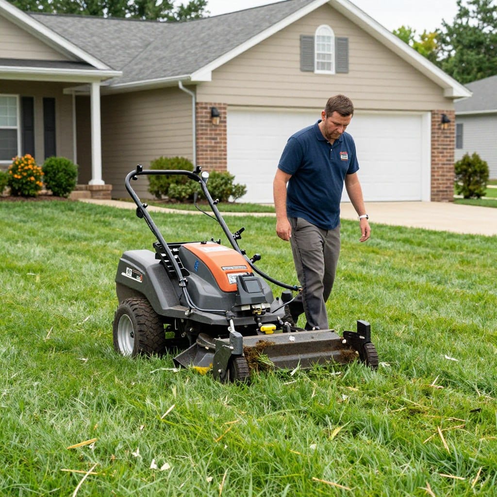 Lawn mowing and debris removal before power seeding Lawn mowing and debris removal before power seeding