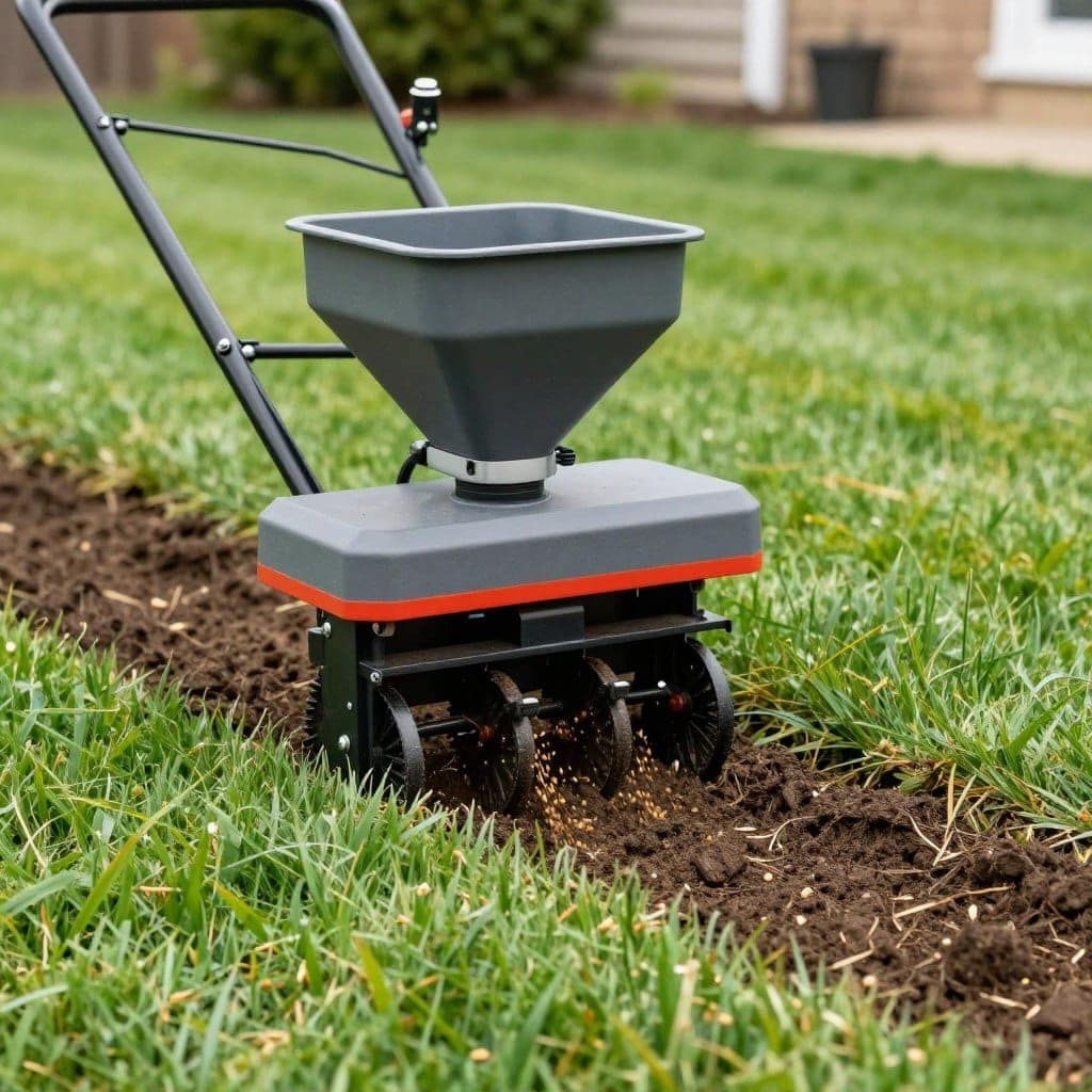 Power seeding equipment in action distributing grass seed Power seeding equipment in action distributing grass seed