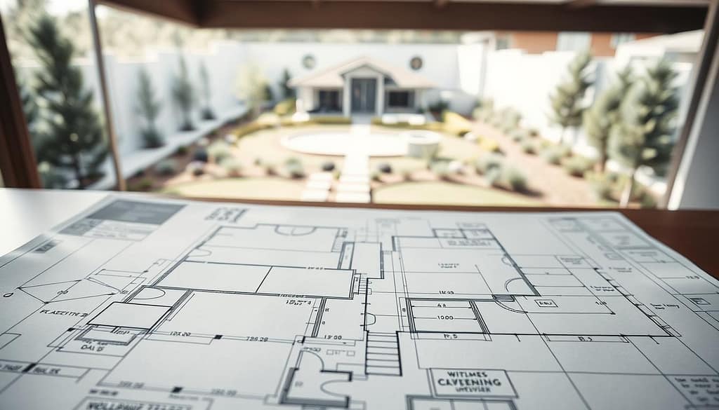Blueprint of a house on a table, detailing property sketch and measurements for landscape design.