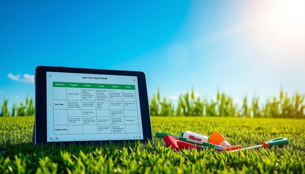 Calendar on a tablet placed on grass, illustrating planning for turf fertilizer and weed control services.