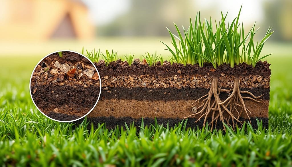 Healthy soil blanketed with grass and roots, showcasing the benefits of turf fertilizer and weed control programs.