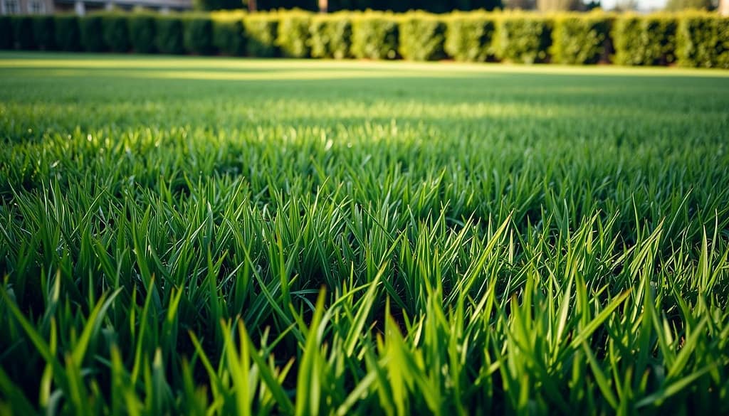 A lush green grass field with a hedge in the background, highlighting turf care and weed control programs.