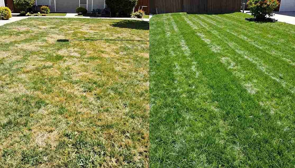 Before and after comparison of turf fertilizer in dyer application