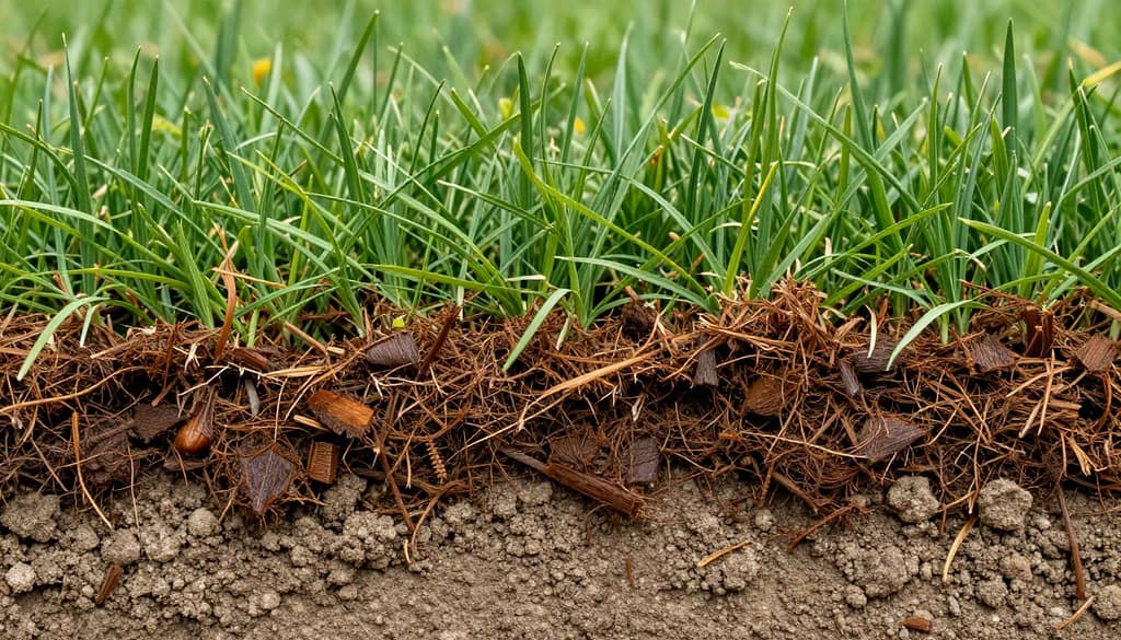 Close-up view of lawn thatch layer showing grass roots and dead organic matter buildup