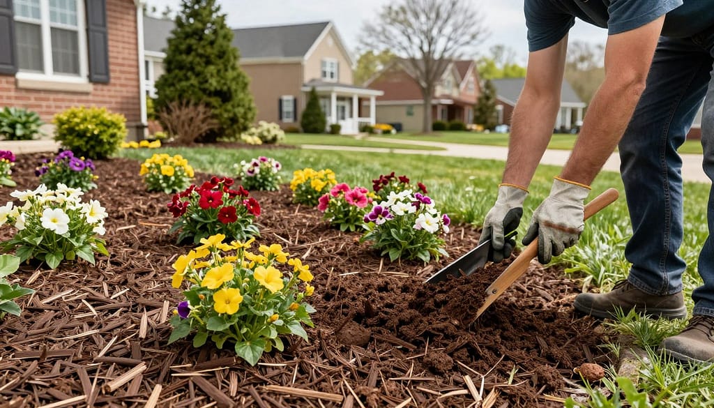 Professional mulching service being applied to residential landscape beds in Homewood with rich organic mulch covering soil around flowering plants