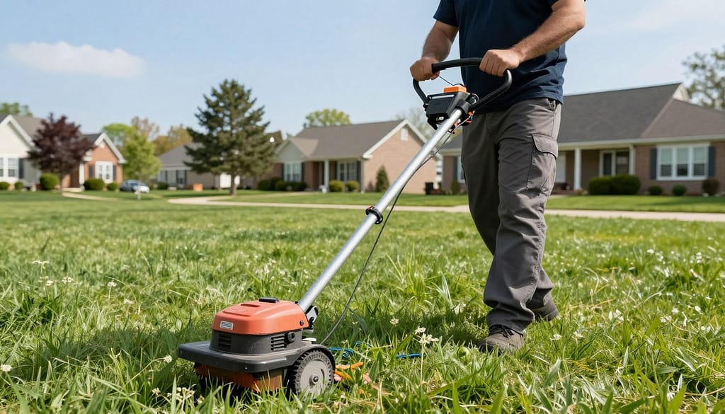Professional dethatching service being performed on residential lawn in Dyer showing healthy green grass