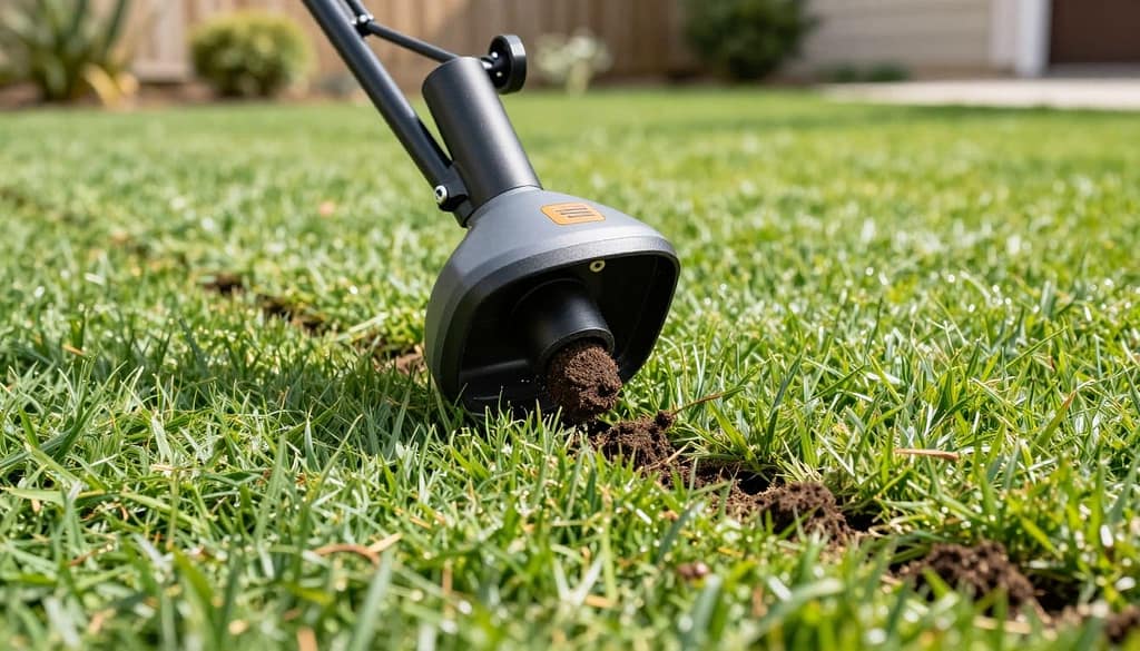 Professional lawn aeration equipment working on turf in Dyer Indiana