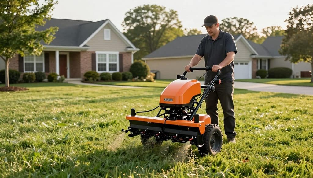 Professional power seeding equipment working on residential lawn in Dyer Indiana