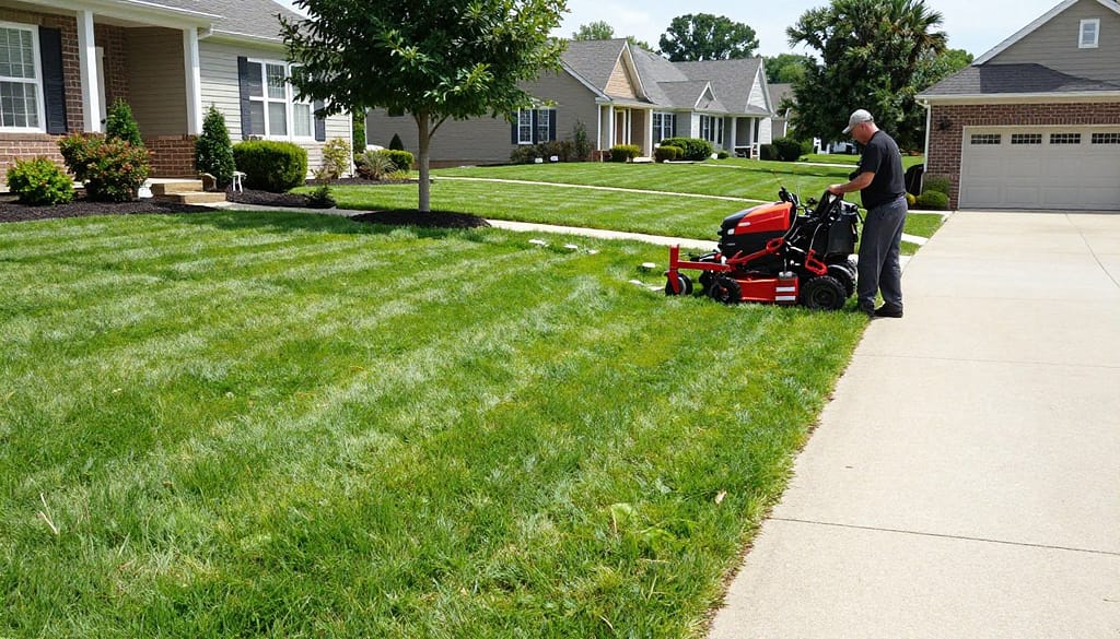 Professional lawn maintenance service showing perfectly manicured residential property in Dyer Indiana with vibrant green grass and crisp edges