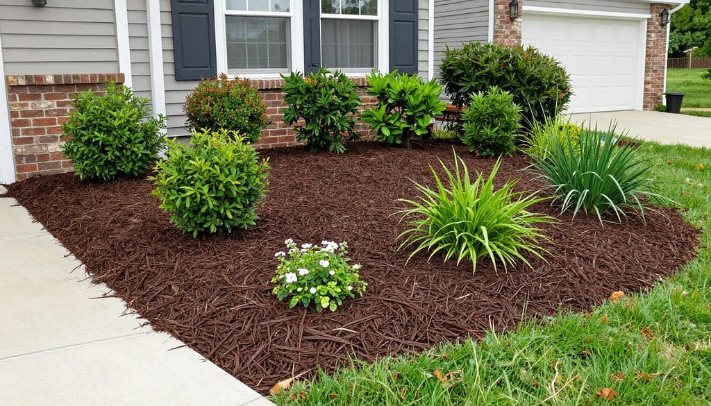 Professional mulching installation in Dyer Indiana residential garden beds with fresh dark mulch around foundation plantings