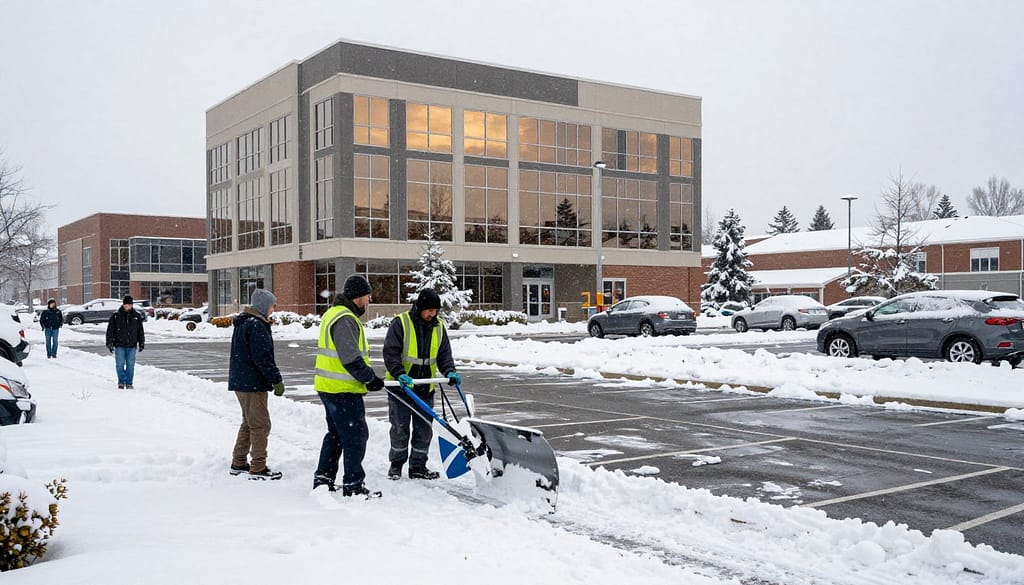A bustling commercial property in a suburban area, showcasing a large parking lot blanketed in fresh, thick snow. In the foreground, a professional snow removal team in work attire operates a snow plow, efficiently clearing a path. The workers are diverse in appearance, ensuring inclusivity, and focused on their task. In the middle, a modern office building rises, its windows reflecting soft winter daylight, emphasizing warmth amid the cold. Snowflakes gently fall from a gray sky, creating a serene atmosphere. In the background, snow-covered trees line the property, enhancing the seasonal feel. The image captures the dedication and urgency of snow removal services, highlighting the importance of maintaining safe access for businesses during winter. A bustling commercial property in a suburban area, showcasing a large parking lot blanketed in fresh, thick snow. In the foreground, a professional snow removal team in work attire operates a snow plow, efficiently clearing a path. The workers are diverse in appearance, ensuring inclusivity, and focused on their task. In the middle, a modern office building rises, its windows reflecting soft winter daylight, emphasizing warmth amid the cold. Snowflakes gently fall from a gray sky, creating a serene atmosphere. In the background, snow-covered trees line the property, enhancing the seasonal feel. The image captures the dedication and urgency of snow removal services, highlighting the importance of maintaining safe access for businesses during winter.