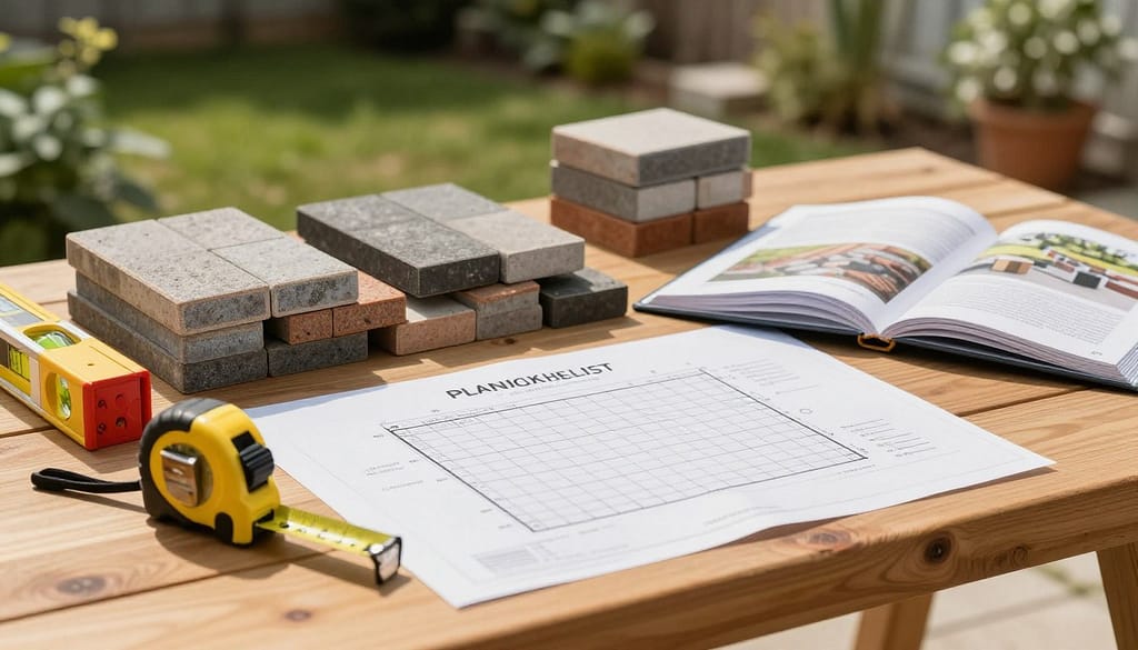 A close-up image of a well-organized pavers installation planning checklist laid out on a wooden table. In the foreground, various measuring tools like a tape measure and a level sit next to a neatly drawn grid plan for paver placement, showcasing careful calculations. In the middle ground, a stack of colorful pavers in different shapes and sizes is arranged, along with a small landscaping book opened to a page showing paver designs. The background features a blurred garden landscape, with sunlight filtering through trees, casting gentle shadows. The scene conveys a calm and methodical atmosphere, ideal for planning a successful outdoor project. The lighting is bright and natural, emphasizing clarity and focus on the task at hand. A close-up image of a well-organized pavers installation planning checklist laid out on a wooden table. In the foreground, various measuring tools like a tape measure and a level sit next to a neatly drawn grid plan for paver placement, showcasing careful calculations. In the middle ground, a stack of colorful pavers in different shapes and sizes is arranged, along with a small landscaping book opened to a page showing paver designs. The background features a blurred garden landscape, with sunlight filtering through trees, casting gentle shadows. The scene conveys a calm and methodical atmosphere, ideal for planning a successful outdoor project. The lighting is bright and natural, emphasizing clarity and focus on the task at hand.