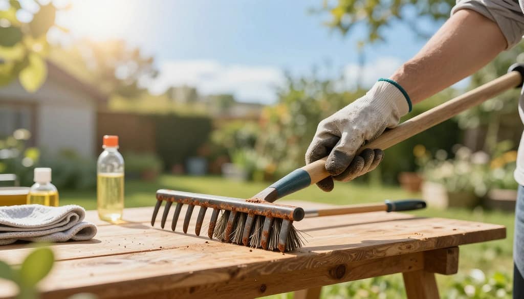 A close-up scene of a landscape rake being carefully maintained in a sunlit outdoor setting. In the foreground, a pair of hands, one gloved and one bare, gently cleaning the rake's metal teeth with a brush, emphasizing the details of rust removal. In the middle ground, the rake is resting on a wooden workbench, showcasing its sturdy design and materials. Tools for maintenance, like oil and cloths, are subtly arranged nearby. The background features a lush garden, with a vibrant blue sky and soft, diffused sunlight filtering through the trees, creating a warm and inviting atmosphere. The overall mood is calm and focused, highlighting the importance of care and maintenance for longevity. A close-up scene of a landscape rake being carefully maintained in a sunlit outdoor setting. In the foreground, a pair of hands, one gloved and one bare, gently cleaning the rake's metal teeth with a brush, emphasizing the details of rust removal. In the middle ground, the rake is resting on a wooden workbench, showcasing its sturdy design and materials. Tools for maintenance, like oil and cloths, are subtly arranged nearby. The background features a lush garden, with a vibrant blue sky and soft, diffused sunlight filtering through the trees, creating a warm and inviting atmosphere. The overall mood is calm and focused, highlighting the importance of care and maintenance for longevity.