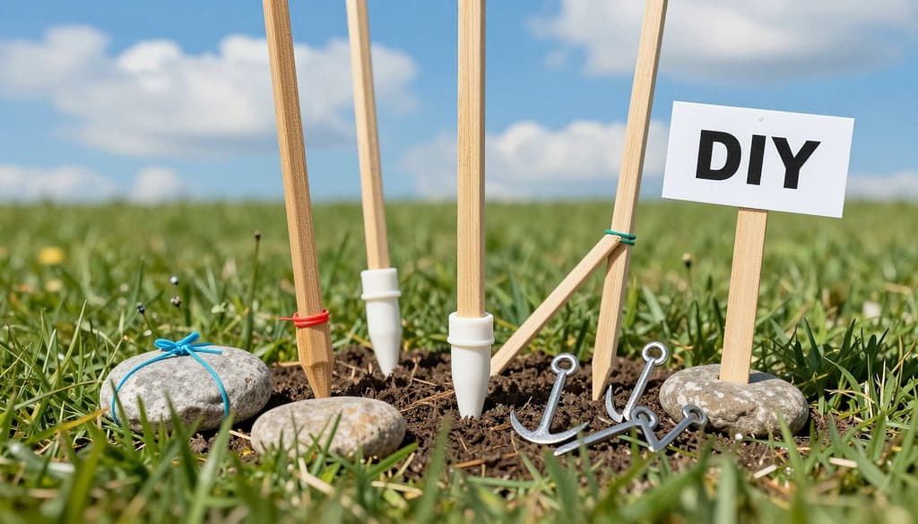 A close-up view of DIY yard sign stakes secured firmly in the ground, surrounded by a lush green lawn. In the foreground, showcase a variety of simple materials used for securing stakes, such as zip ties, heavy stones, and ground anchors, neatly arranged and labeled. In the middle ground, depict sturdy stakes made from wood and PVC, illustrating different securing techniques like angling and bracing. The background features a bright blue sky with scattered fluffy clouds, providing a cheerful, sunny atmosphere. Utilize natural lighting to enhance the vibrancy of the colors, capturing a sense of optimism and creativity. The image should have a slight depth of field to focus on the stakes, allowing a clear view of the securing methods while keeping the background soft. A close-up view of DIY yard sign stakes secured firmly in the ground, surrounded by a lush green lawn. In the foreground, showcase a variety of simple materials used for securing stakes, such as zip ties, heavy stones, and ground anchors, neatly arranged and labeled. In the middle ground, depict sturdy stakes made from wood and PVC, illustrating different securing techniques like angling and bracing. The background features a bright blue sky with scattered fluffy clouds, providing a cheerful, sunny atmosphere. Utilize natural lighting to enhance the vibrancy of the colors, capturing a sense of optimism and creativity. The image should have a slight depth of field to focus on the stakes, allowing a clear view of the securing methods while keeping the background soft.
