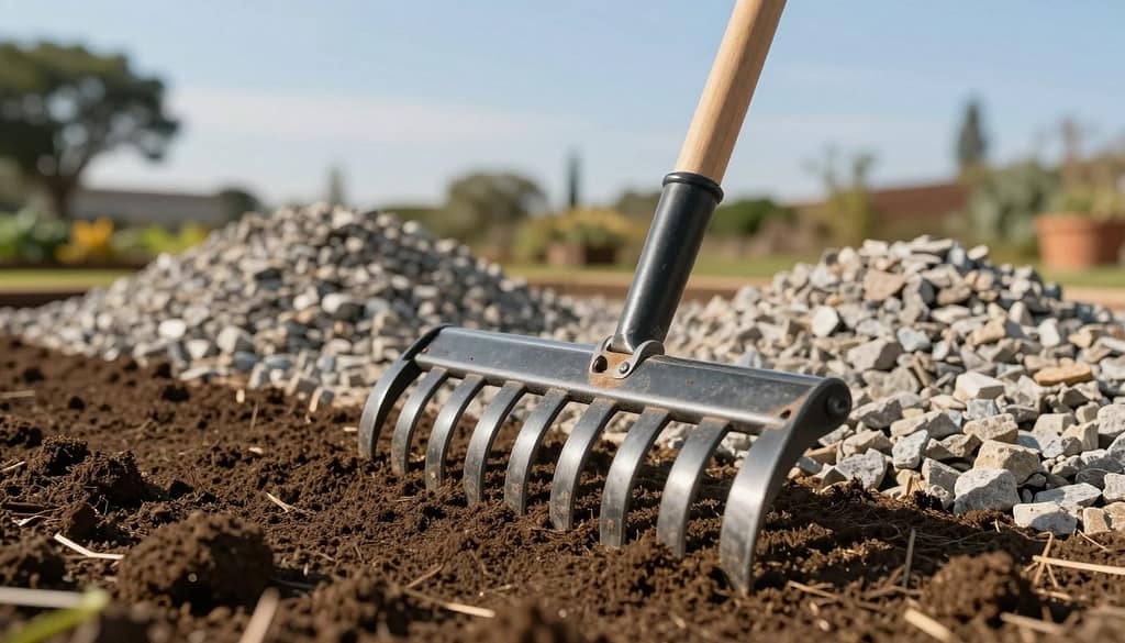 A close-up view of a landscape rake designed for leveling soil and gravel, showcased in a well-maintained garden setting. In the foreground, the rake is depicted with its sturdy metal tines and wooden handle, casting a slight shadow on freshly raked soil, illustrating its functionality. In the middle ground, piles of leveled gravel and evenly distributed soil are visible, demonstrating the rake's effectiveness. The background features a clear blue sky and a few trees, lending a serene atmosphere. The lighting is warm and natural, evoking a sunny day, while the angle captures the rake from a slight low perspective, emphasizing its importance in landscaping tasks. The overall mood is professional and instructional, ideal for showcasing proper landscape maintenance techniques. A close-up view of a landscape rake designed for leveling soil and gravel, showcased in a well-maintained garden setting. In the foreground, the rake is depicted with its sturdy metal tines and wooden handle, casting a slight shadow on freshly raked soil, illustrating its functionality. In the middle ground, piles of leveled gravel and evenly distributed soil are visible, demonstrating the rake's effectiveness. The background features a clear blue sky and a few trees, lending a serene atmosphere. The lighting is warm and natural, evoking a sunny day, while the angle captures the rake from a slight low perspective, emphasizing its importance in landscaping tasks. The overall mood is professional and instructional, ideal for showcasing proper landscape maintenance techniques.