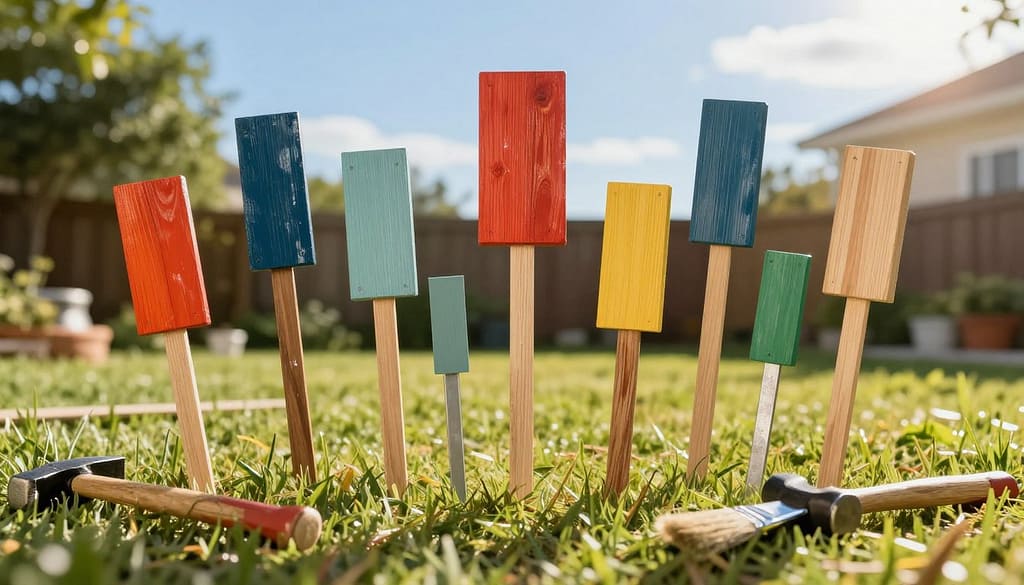 A collection of DIY yard sign stakes displayed creatively on a grassy backyard. In the foreground, several stakes made from wood and metal are standing upright, showcasing different designs and sizes, some with vibrant paint colors. The middle ground features a few partially completed stakes with tools like a hammer and paintbrush scattered around, indicating a crafting process. The background displays a bright, sunny day with a clear blue sky, and soft sunlight illuminating the scene to create a cheerful atmosphere. The camera angle is slightly low to give a sense of depth, focusing on the textures of the materials like wood grain and metal shine. A warm and inviting mood welcomes the viewer into the world of DIY creativity. A collection of DIY yard sign stakes displayed creatively on a grassy backyard. In the foreground, several stakes made from wood and metal are standing upright, showcasing different designs and sizes, some with vibrant paint colors. The middle ground features a few partially completed stakes with tools like a hammer and paintbrush scattered around, indicating a crafting process. The background displays a bright, sunny day with a clear blue sky, and soft sunlight illuminating the scene to create a cheerful atmosphere. The camera angle is slightly low to give a sense of depth, focusing on the textures of the materials like wood grain and metal shine. A warm and inviting mood welcomes the viewer into the world of DIY creativity.