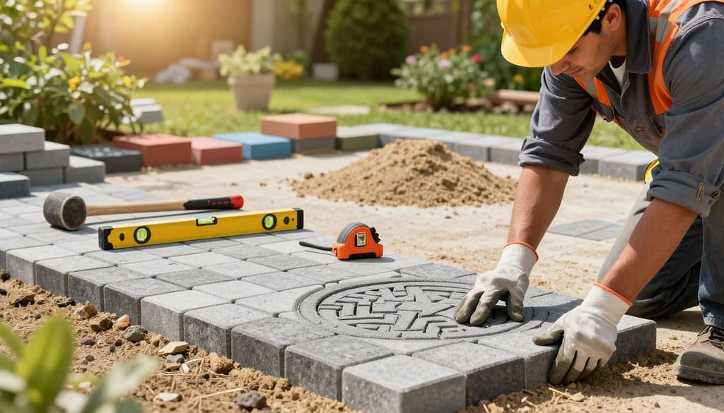 A detailed and visually engaging illustration of a pavers installation guide, featuring a well-organized outdoor workspace. In the foreground, a skilled worker dressed in professional work attire, wearing safety gloves and a hard hat, is meticulously laying pavers in an intricate pattern. The middle ground showcases tools such as a rubber mallet, level, and measuring tape, arranged neatly beside a variety of colorful pavers and a small mound of sand for the base. The background includes a well-manicured garden, with sunlight streaming through, creating a warm and inviting atmosphere. Natural light highlights the textures of the pavers and surrounding greenery, emphasizing a friendly and informative mood suited for DIY enthusiasts. The image composition focuses on clarity and organization, ensuring an understanding of the pavers installation process. A detailed and visually engaging illustration of a pavers installation guide, featuring a well-organized outdoor workspace. In the foreground, a skilled worker dressed in professional work attire, wearing safety gloves and a hard hat, is meticulously laying pavers in an intricate pattern. The middle ground showcases tools such as a rubber mallet, level, and measuring tape, arranged neatly beside a variety of colorful pavers and a small mound of sand for the base. The background includes a well-manicured garden, with sunlight streaming through, creating a warm and inviting atmosphere. Natural light highlights the textures of the pavers and surrounding greenery, emphasizing a friendly and informative mood suited for DIY enthusiasts. The image composition focuses on clarity and organization, ensuring an understanding of the pavers installation process.