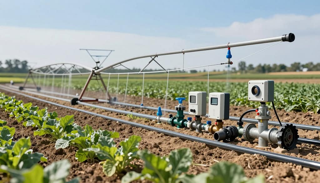 A detailed illustration of commercial irrigation system components, showcasing a variety of elements like modern drip irrigation lines, sprinkler heads, controllers, and valves. In the foreground, vivid green plants are visible, highlighting the effectiveness of the system. The middle ground includes an array of neatly organized irrigation components, with a focus on the intricate networks that illustrate water distribution. The background features a rural landscape, including open fields under a bright blue sky, creating a sense of purpose and sustainability. Soft daylight illuminates the scene, enhancing the textures of the materials used. The mood is professional and informative, suitable for a guide on irrigation systems. No people are present, ensuring a clear focus on the elements of the irrigation system. A detailed illustration of commercial irrigation system components, showcasing a variety of elements like modern drip irrigation lines, sprinkler heads, controllers, and valves. In the foreground, vivid green plants are visible, highlighting the effectiveness of the system. The middle ground includes an array of neatly organized irrigation components, with a focus on the intricate networks that illustrate water distribution. The background features a rural landscape, including open fields under a bright blue sky, creating a sense of purpose and sustainability. Soft daylight illuminates the scene, enhancing the textures of the materials used. The mood is professional and informative, suitable for a guide on irrigation systems. No people are present, ensuring a clear focus on the elements of the irrigation system.
