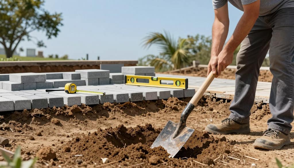 A detailed scene depicting a pavers installation guide focused on excavation and preparing the base. In the foreground, a well-equipped professional in modest casual clothing uses a shovel to dig into the soil, demonstrating the excavation process. Middle ground features neatly arranged pavers, showing different sizes and materials, alongside a measuring tape and a level tool for precision. The background highlights a clear blue sky, with trees softly swaying, indicating a calm day. The lighting is bright and inviting, emphasizing the importance of proper preparation. Capture this scene from a slightly elevated angle, allowing viewers to see the meticulousness of the work involved. The mood should be informative and motivating, encouraging DIY enthusiasts to understand the foundational steps for a successful installation. A detailed scene depicting a pavers installation guide focused on excavation and preparing the base. In the foreground, a well-equipped professional in modest casual clothing uses a shovel to dig into the soil, demonstrating the excavation process. Middle ground features neatly arranged pavers, showing different sizes and materials, alongside a measuring tape and a level tool for precision. The background highlights a clear blue sky, with trees softly swaying, indicating a calm day. The lighting is bright and inviting, emphasizing the importance of proper preparation. Capture this scene from a slightly elevated angle, allowing viewers to see the meticulousness of the work involved. The mood should be informative and motivating, encouraging DIY enthusiasts to understand the foundational steps for a successful installation.