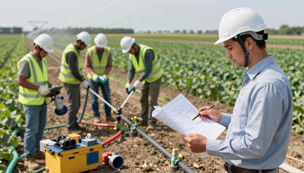 A detailed scene depicting additional expenses during the installation of a commercial irrigation system. In the foreground, show a professional in a hard hat and business attire examining a blueprint while holding a tablet, surrounded by various tools and equipment like pipes, fittings, and valves. In the middle ground, a crew of three workers engaged in installing a drip irrigation system, wearing safety vests and utilizing machinery. In the background, an expansive agricultural field with green crops, dotted with irrigation equipment such as sprinklers and hoses under a clear blue sky. Soft, natural lighting creates a bright ambiance, enhancing the mood of a productive work environment. The image should highlight the complexities and costs associated with the installation process. A detailed scene depicting additional expenses during the installation of a commercial irrigation system. In the foreground, show a professional in a hard hat and business attire examining a blueprint while holding a tablet, surrounded by various tools and equipment like pipes, fittings, and valves. In the middle ground, a crew of three workers engaged in installing a drip irrigation system, wearing safety vests and utilizing machinery. In the background, an expansive agricultural field with green crops, dotted with irrigation equipment such as sprinklers and hoses under a clear blue sky. Soft, natural lighting creates a bright ambiance, enhancing the mood of a productive work environment. The image should highlight the complexities and costs associated with the installation process.
