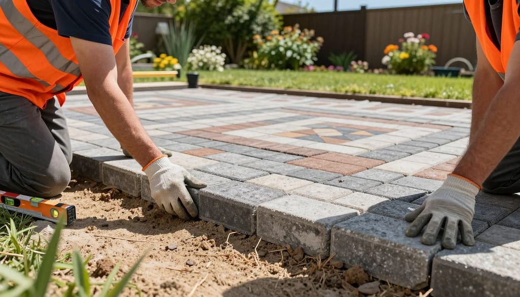 A detailed scene of a professional landscaper diligently laying pavers in a sunny backyard. In the foreground, the landscaper, wearing a bright orange safety vest and gloves, is focused on placing a paver carefully in a sand bed, with a level tool by their side. The middle ground features neatly arranged rows of colorful pavers in various shades of gray and brown, showcasing a beautiful geometric pattern being formed. In the background, lush green grass and flowering plants add to the serene atmosphere, while a clear blue sky above casts natural light across the scene, enhancing the textures of the pavers and surrounding landscape. The overall mood is one of diligence and professionalism, capturing the essence of quality workmanship in outdoor installation. A detailed scene of a professional landscaper diligently laying pavers in a sunny backyard. In the foreground, the landscaper, wearing a bright orange safety vest and gloves, is focused on placing a paver carefully in a sand bed, with a level tool by their side. The middle ground features neatly arranged rows of colorful pavers in various shades of gray and brown, showcasing a beautiful geometric pattern being formed. In the background, lush green grass and flowering plants add to the serene atmosphere, while a clear blue sky above casts natural light across the scene, enhancing the textures of the pavers and surrounding landscape. The overall mood is one of diligence and professionalism, capturing the essence of quality workmanship in outdoor installation.