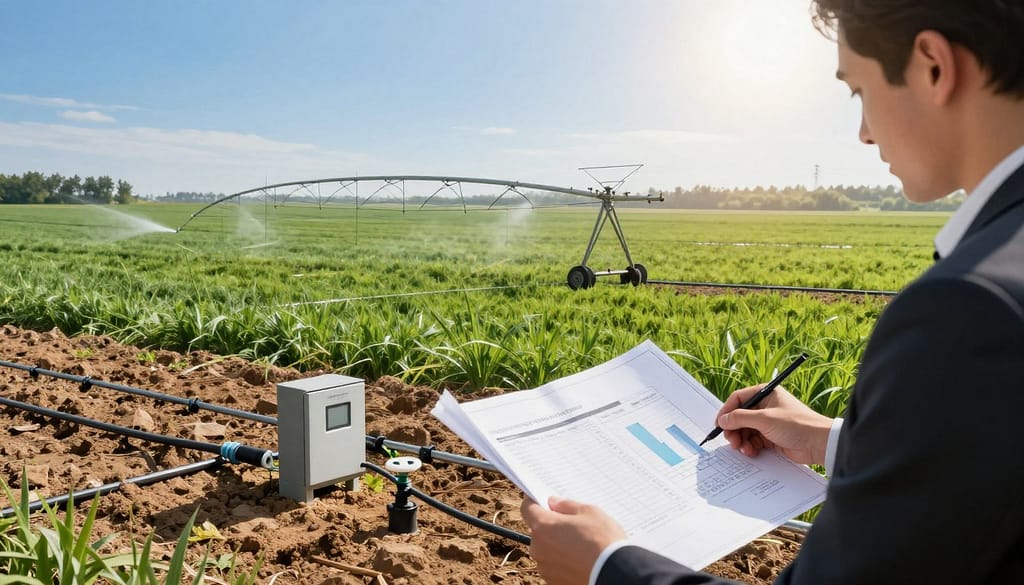 A detailed visual representation of a commercial irrigation system, showcasing various components, such as drip lines, sprinkler heads, and control panels, laid out across a diverse property landscape. In the foreground, a property manager, dressed in professional business attire, examines a large blueprint on a table, focusing on cost analysis. The middle ground features a lush, green field with marked areas indicating different property sizes, illustrating the correlation between size and irrigation costs. The background displays a clear blue sky with sunlight filtering through, casting soft shadows. The atmosphere is focused and analytical, capturing the essence of budgeting and planning in commercial irrigation systems. The lens should be at eye-level to create a relatable perspective, with natural lighting enhancing the vibrant colors of the scene. A detailed visual representation of a commercial irrigation system, showcasing various components, such as drip lines, sprinkler heads, and control panels, laid out across a diverse property landscape. In the foreground, a property manager, dressed in professional business attire, examines a large blueprint on a table, focusing on cost analysis. The middle ground features a lush, green field with marked areas indicating different property sizes, illustrating the correlation between size and irrigation costs. The background displays a clear blue sky with sunlight filtering through, casting soft shadows. The atmosphere is focused and analytical, capturing the essence of budgeting and planning in commercial irrigation systems. The lens should be at eye-level to create a relatable perspective, with natural lighting enhancing the vibrant colors of the scene.