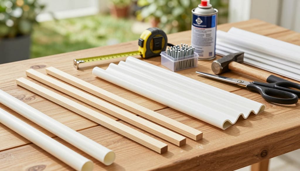 A flat lay arrangement of various materials and tools for DIY yard sign stakes, vividly displayed on a wooden workbench. In the foreground, positioned prominently, there are wooden dowels, PVC pipes, and corrugated plastic sheets with a pair of scissors and a small hammer. In the middle ground, a measuring tape and a box of nails are neatly organized next to a can of spray paint. The background features a blurred garden scene with soft natural light filtering through, creating a bright and inviting atmosphere. The angle is slightly overhead to capture the entire setup, enhancing the detailed textures and colors of the materials, while fostering a sense of creativity and ease for DIY enthusiasts. A flat lay arrangement of various materials and tools for DIY yard sign stakes, vividly displayed on a wooden workbench. In the foreground, positioned prominently, there are wooden dowels, PVC pipes, and corrugated plastic sheets with a pair of scissors and a small hammer. In the middle ground, a measuring tape and a box of nails are neatly organized next to a can of spray paint. The background features a blurred garden scene with soft natural light filtering through, creating a bright and inviting atmosphere. The angle is slightly overhead to capture the entire setup, enhancing the detailed textures and colors of the materials, while fostering a sense of creativity and ease for DIY enthusiasts.