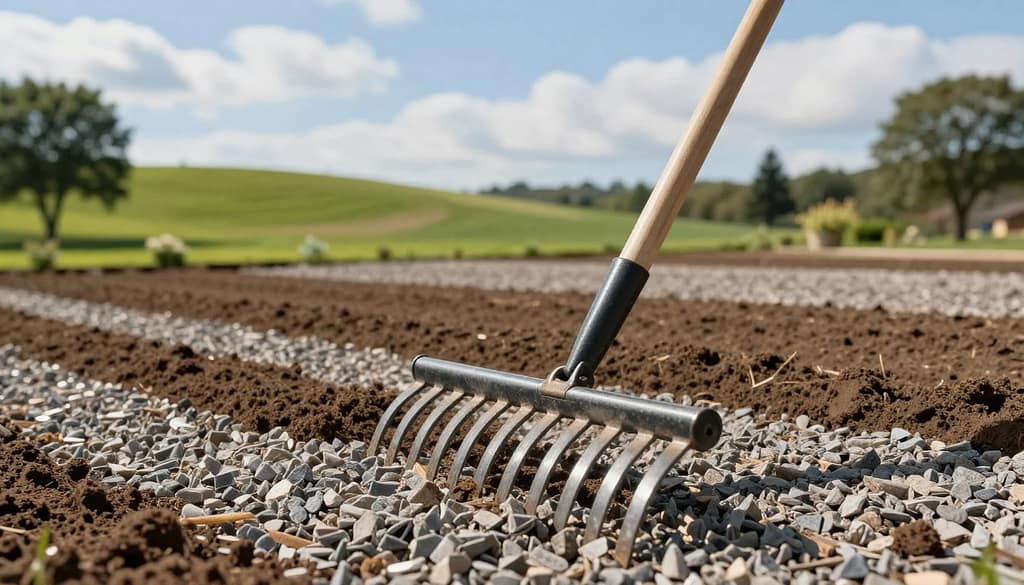 A landscape rake for leveling soil and gravel prominently in the foreground, featuring sharp metal tines and a sturdy wooden handle, glistening under soft, natural sunlight. In the middle ground, a well-maintained yard stretches out, displaying smooth, freshly leveled soil and gravel areas, with rolling green hills and a few scattered trees in the background. A clear blue sky with fluffy white clouds enhances the serene atmosphere. The angle captures the rake in action, slightly tilted as if just being used to spread gravel. The mood is calm and professional, evoking a sense of productivity and meticulous care in yard maintenance. The image is devoid of any text or distractions, focusing solely on the rake and its surroundings. A landscape rake for leveling soil and gravel prominently in the foreground, featuring sharp metal tines and a sturdy wooden handle, glistening under soft, natural sunlight. In the middle ground, a well-maintained yard stretches out, displaying smooth, freshly leveled soil and gravel areas, with rolling green hills and a few scattered trees in the background. A clear blue sky with fluffy white clouds enhances the serene atmosphere. The angle captures the rake in action, slightly tilted as if just being used to spread gravel. The mood is calm and professional, evoking a sense of productivity and meticulous care in yard maintenance. The image is devoid of any text or distractions, focusing solely on the rake and its surroundings.