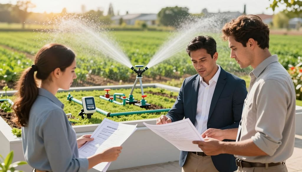 A professional illustration of strategies to reduce commercial irrigation system installation costs. In the foreground, a diverse group of three property managers, one woman and two men, analyzing blueprints and documents related to irrigation systems. They wear smart business attire, engaging in focused discussion. The middle ground features a detailed model of a cost-effective irrigation system, showcasing components like valves, pipes, and controllers. The background includes a vibrant landscape with green plots being watered, emphasizing the efficiency and modern design of the irrigation systems. The scene is illuminated by warm, natural sunlight, creating an optimistic and professional atmosphere. Use a shallow depth of field to keep the focus on the managers and the model with a hint of a soft blur in the background. A professional illustration of strategies to reduce commercial irrigation system installation costs. In the foreground, a diverse group of three property managers, one woman and two men, analyzing blueprints and documents related to irrigation systems. They wear smart business attire, engaging in focused discussion. The middle ground features a detailed model of a cost-effective irrigation system, showcasing components like valves, pipes, and controllers. The background includes a vibrant landscape with green plots being watered, emphasizing the efficiency and modern design of the irrigation systems. The scene is illuminated by warm, natural sunlight, creating an optimistic and professional atmosphere. Use a shallow depth of field to keep the focus on the managers and the model with a hint of a soft blur in the background.