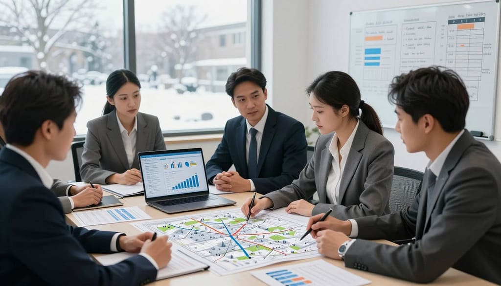A professional-looking office environment focusing on client communication for snow and ice control plans. In the foreground, a diverse group of business professionals, dressed in smart business attire, sit around a table, discussing detailed maps and plans for snow removal strategies. In the middle, an open laptop displays graphs and data related to snow and ice control, while printed documents and charts are spread across the table. The background features a large window revealing a snowy outdoor scene, emphasizing the winter context. Soft, warm lighting creates a collaborative atmosphere, and a large whiteboard holds strategic notes and timelines, showcasing a sense of organization and professionalism. The image conveys a mood of diligence and preparation for winter challenges. A professional-looking office environment focusing on client communication for snow and ice control plans. In the foreground, a diverse group of business professionals, dressed in smart business attire, sit around a table, discussing detailed maps and plans for snow removal strategies. In the middle, an open laptop displays graphs and data related to snow and ice control, while printed documents and charts are spread across the table. The background features a large window revealing a snowy outdoor scene, emphasizing the winter context. Soft, warm lighting creates a collaborative atmosphere, and a large whiteboard holds strategic notes and timelines, showcasing a sense of organization and professionalism. The image conveys a mood of diligence and preparation for winter challenges.