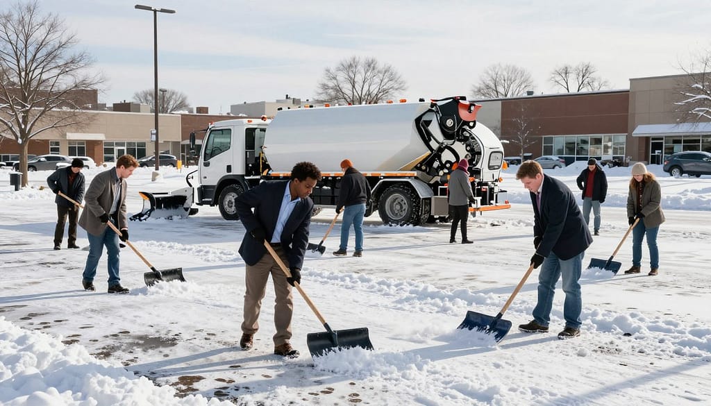 A professional winter safety scene in Dyer, IN, highlighting effective snow and ice management strategies. In the foreground, a diverse group of workers in business attire, equipped with ice melt and shovels, actively clearing a commercial parking lot. In the middle ground, snow removal equipment like plows and salt trucks can be seen efficiently working together. The background depicts a cityscape dusted with snow under a bright but cool winter sky, casting soft shadows over the white landscape. The atmosphere is focused and diligent, emphasizing teamwork and professionalism, conveying a sense of security and preparedness. The overall lighting is clear and bright, enhancing details of the winter environment. A professional winter safety scene in Dyer, IN, highlighting effective snow and ice management strategies. In the foreground, a diverse group of workers in business attire, equipped with ice melt and shovels, actively clearing a commercial parking lot. In the middle ground, snow removal equipment like plows and salt trucks can be seen efficiently working together. The background depicts a cityscape dusted with snow under a bright but cool winter sky, casting soft shadows over the white landscape. The atmosphere is focused and diligent, emphasizing teamwork and professionalism, conveying a sense of security and preparedness. The overall lighting is clear and bright, enhancing details of the winter environment.