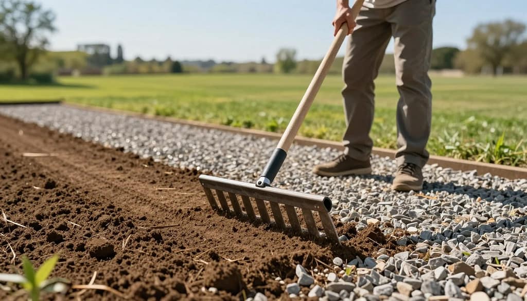A serene landscape scene showcasing effective raking techniques for soil and gravel leveling. In the foreground, a landscape rake is positioned prominently, with a well-maintained, flat area of freshly raked soil beneath it, illustrating smooth lines and a well-distributed gravel surface. In the middle ground, a professional landscaper in modest casual clothing is demonstrating raking, showcasing proper posture and technique. The background features a lush, green lawn and a clear blue sky, contributing to a tranquil atmosphere. Use natural sunlight for warm, inviting lighting, with soft shadows enhancing the textures of the soil and gravel. A medium-angle shot captures the rake's details and the landscaper's careful movements, emphasizing the message of efficient raking practices. A serene landscape scene showcasing effective raking techniques for soil and gravel leveling. In the foreground, a landscape rake is positioned prominently, with a well-maintained, flat area of freshly raked soil beneath it, illustrating smooth lines and a well-distributed gravel surface. In the middle ground, a professional landscaper in modest casual clothing is demonstrating raking, showcasing proper posture and technique. The background features a lush, green lawn and a clear blue sky, contributing to a tranquil atmosphere. Use natural sunlight for warm, inviting lighting, with soft shadows enhancing the textures of the soil and gravel. A medium-angle shot captures the rake's details and the landscaper's careful movements, emphasizing the message of efficient raking practices.