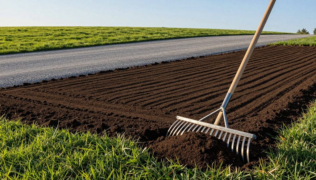 A serene landscape showcasing a freshly prepared area for a new lawn and driveway, divided into three layers. In the foreground, a professional landscape rake rests against a heap of soil, its metal tines gleaming under soft, early morning sunlight. In the middle ground, a level patch of rich, dark soil is meticulously groomed, showcasing the raked texture that indicates readiness for seeding. The background features a newly gravelled driveway, with smooth stones glistening in the sun, bordered by lush green grass yet to be planted. The sky is a clear blue, adding a sense of calm and focus to the scene, while the atmosphere conveys professionalism and preparation for a new start. The composition is captured with a wide-angle lens, emphasizing the depth and details of the landscape. A serene landscape showcasing a freshly prepared area for a new lawn and driveway, divided into three layers. In the foreground, a professional landscape rake rests against a heap of soil, its metal tines gleaming under soft, early morning sunlight. In the middle ground, a level patch of rich, dark soil is meticulously groomed, showcasing the raked texture that indicates readiness for seeding. The background features a newly gravelled driveway, with smooth stones glistening in the sun, bordered by lush green grass yet to be planted. The sky is a clear blue, adding a sense of calm and focus to the scene, while the atmosphere conveys professionalism and preparation for a new start. The composition is captured with a wide-angle lens, emphasizing the depth and details of the landscape.