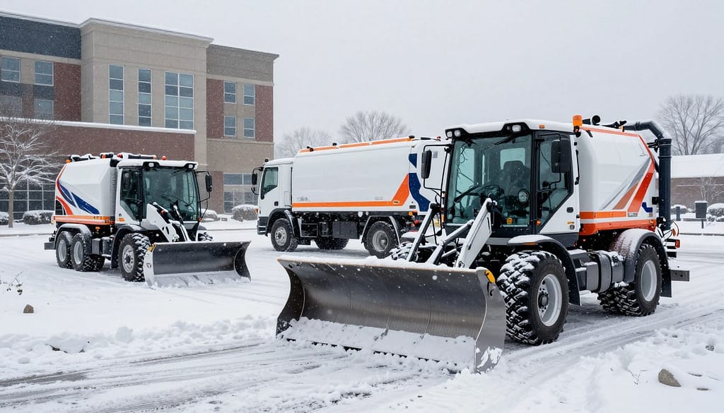 A snowy commercial landscape in Dyer, IN, showcasing advanced snow removal equipment. In the foreground, a powerful snowplow with a large blade is clearing a service road. The middle ground features a compact snow blower and a high-tech de-icing truck, both gleaming under soft winter sunlight. In the background, tall buildings are covered in a light blanket of snow, reflecting a calm winter day. The scene is framed by gentle flurries of snow falling from a grey sky, creating a serene yet industrious atmosphere. The image captures the essence of professional winter property management, highlighting modern technology and efficient equipment, while maintaining a sense of readiness for winter challenges. A snowy commercial landscape in Dyer, IN, showcasing advanced snow removal equipment. In the foreground, a powerful snowplow with a large blade is clearing a service road. The middle ground features a compact snow blower and a high-tech de-icing truck, both gleaming under soft winter sunlight. In the background, tall buildings are covered in a light blanket of snow, reflecting a calm winter day. The scene is framed by gentle flurries of snow falling from a grey sky, creating a serene yet industrious atmosphere. The image captures the essence of professional winter property management, highlighting modern technology and efficient equipment, while maintaining a sense of readiness for winter challenges.