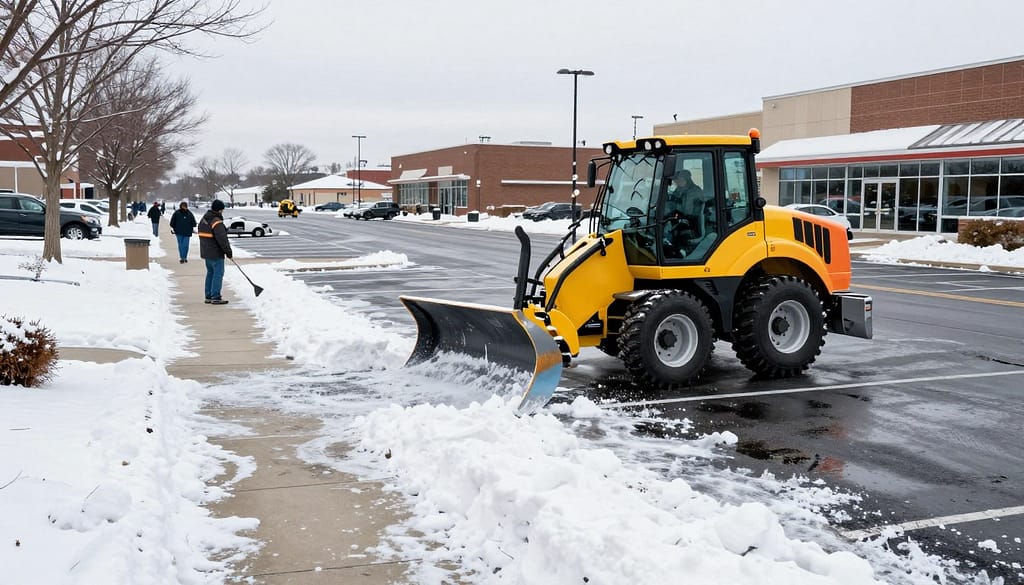A snowy urban landscape in Dyer, Indiana, showcasing effective commercial snow and ice control. In the foreground, a snow plow with bright yellow and orange colors clears a pathway, with workers in professional winter attire operating equipment. The middle ground features a well-maintained parking lot and sidewalk, free of snow and ice, emphasizing safety for customer access. In the background, commercial buildings reflect a cold, overcast winter sky, giving a sense of urgency. Soft day lighting enhances the scene, highlighting the contrast between the white snow and dark asphalt. The atmosphere conveys the importance of maintaining safe business premises during winter to prevent liability. The focus is on action and responsibility in winter maintenance. A snowy urban landscape in Dyer, Indiana, showcasing effective commercial snow and ice control. In the foreground, a snow plow with bright yellow and orange colors clears a pathway, with workers in professional winter attire operating equipment. The middle ground features a well-maintained parking lot and sidewalk, free of snow and ice, emphasizing safety for customer access. In the background, commercial buildings reflect a cold, overcast winter sky, giving a sense of urgency. Soft day lighting enhances the scene, highlighting the contrast between the white snow and dark asphalt. The atmosphere conveys the importance of maintaining safe business premises during winter to prevent liability. The focus is on action and responsibility in winter maintenance.