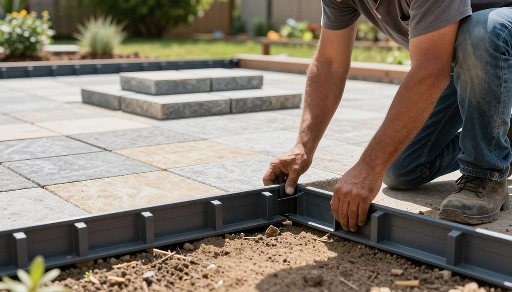 A well-lit outdoor scene depicting a professional construction worker in modest casual clothing methodically setting edge restraints for pavers installation. In the foreground, focus on the sturdy plastic edge restraints being placed securely into the ground, showcasing their interlocking features. In the middle ground, various pavers in natural stone colors are arranged, demonstrating an organized layout being prepared. The background features a garden setting with greenery and trees, creating a serene atmosphere. Bright sunlight casts soft shadows, emphasizing the details of the materials. The angle highlights the worker's technique, concentrating on the precision required for a successful installation, conveying the importance of stability in outdoor projects. A well-lit outdoor scene depicting a professional construction worker in modest casual clothing methodically setting edge restraints for pavers installation. In the foreground, focus on the sturdy plastic edge restraints being placed securely into the ground, showcasing their interlocking features. In the middle ground, various pavers in natural stone colors are arranged, demonstrating an organized layout being prepared. The background features a garden setting with greenery and trees, creating a serene atmosphere. Bright sunlight casts soft shadows, emphasizing the details of the materials. The angle highlights the worker's technique, concentrating on the precision required for a successful installation, conveying the importance of stability in outdoor projects.