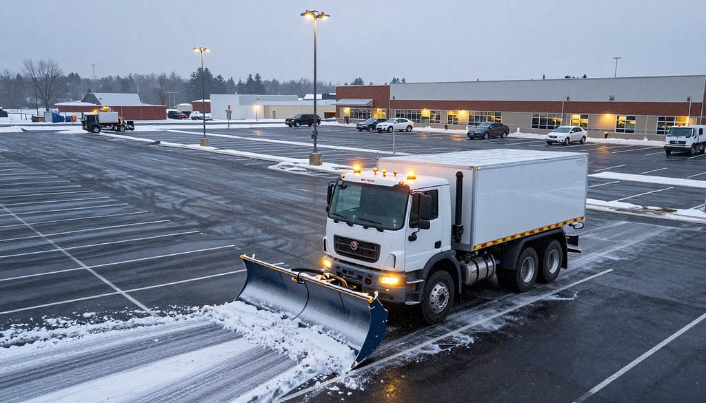 Commercial snow removal equipment clearing large retail parking lot in Dyer Indiana during early morning hours