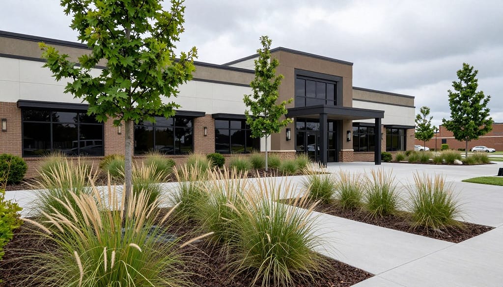Modern commercial property in Dyer with professional Commercial Landscape design Services in Dyer featuring native plantings and hardscape elements
