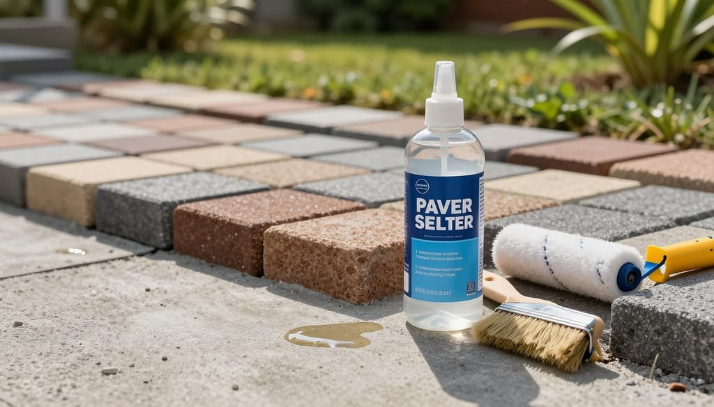 A bottle of clear paver sealer is featured prominently in the foreground, placed on a newly installed concrete paver surface. The bottle has a glossy label indicating its purpose, with a small brush and a roller resting beside it. In the middle ground, freshly laid, interlocking concrete pavers exhibit a variety of colors—rich grays, earthy browns, and subtle tans—showcasing their textured surfaces. The background features a lush green garden that provides natural contrast, bathed in soft, warm sunlight that enhances the sheen of the sealer on the pavers. The image is captured from a low angle to emphasize the sealer's importance in the installation process, creating an inviting, informative atmosphere that suggests care and maintenance. A bottle of clear paver sealer is featured prominently in the foreground, placed on a newly installed concrete paver surface. The bottle has a glossy label indicating its purpose, with a small brush and a roller resting beside it. In the middle ground, freshly laid, interlocking concrete pavers exhibit a variety of colors—rich grays, earthy browns, and subtle tans—showcasing their textured surfaces. The background features a lush green garden that provides natural contrast, bathed in soft, warm sunlight that enhances the sheen of the sealer on the pavers. The image is captured from a low angle to emphasize the sealer's importance in the installation process, creating an inviting, informative atmosphere that suggests care and maintenance.