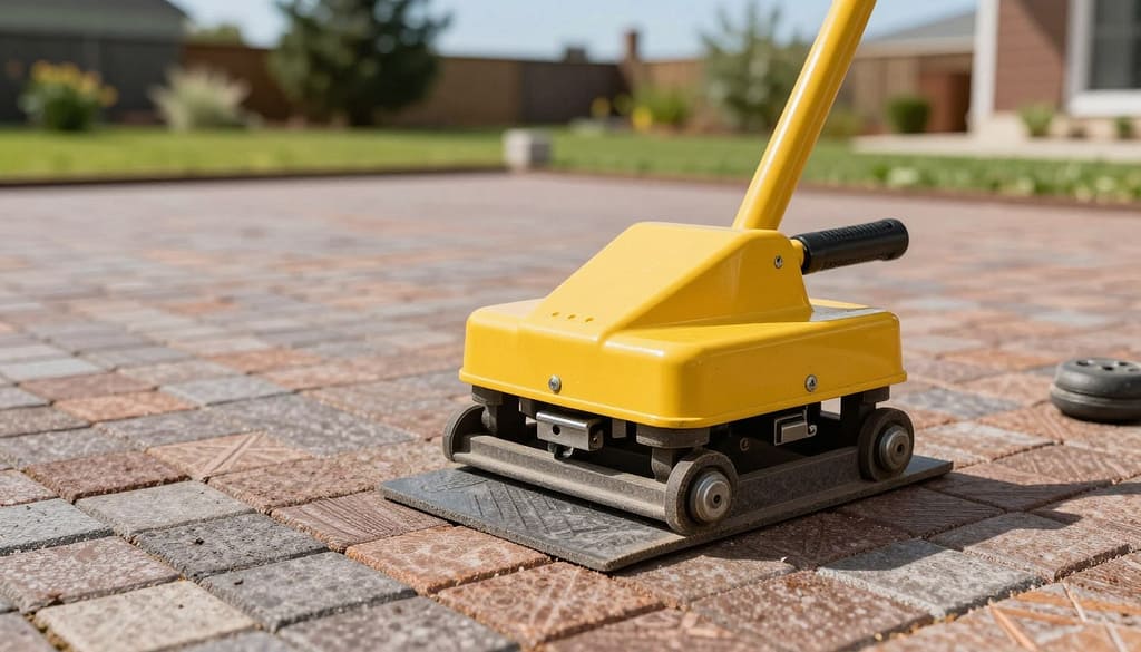 A close-up shot of a bright yellow plate compactor positioned on a freshly laid paver surface. In the foreground, the compactor's sturdy rubber mat and handle are clearly visible, showcasing intricate details like textures and metal parts. The middle ground features a smooth, interlocking paver surface with rich colors and patterns, demonstrating the work completed so far. In the background, a well-maintained yard is visible with green grass and a garden, under a clear blue sky. Soft, natural lighting bathes the scene to emphasize the compactor's role in preparing the paver surface for proper installation, conveying a sense of purpose and professionalism in the DIY task. A close-up shot of a bright yellow plate compactor positioned on a freshly laid paver surface. In the foreground, the compactor's sturdy rubber mat and handle are clearly visible, showcasing intricate details like textures and metal parts. The middle ground features a smooth, interlocking paver surface with rich colors and patterns, demonstrating the work completed so far. In the background, a well-maintained yard is visible with green grass and a garden, under a clear blue sky. Soft, natural lighting bathes the scene to emphasize the compactor's role in preparing the paver surface for proper installation, conveying a sense of purpose and professionalism in the DIY task.
