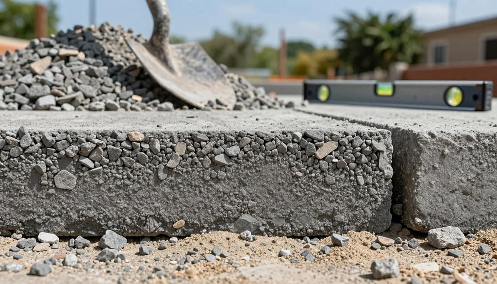 A close-up view of compacted gravel as a base material for concrete pavers, showcasing a well-graded layer of crushed stone and sand. The foreground features the fine details of the textured surface, with small, uniform particles that create a sturdy foundation. In the middle ground, a shovel is leaned against a pile of gravel, indicating ongoing construction work, while a level is placed on the ground, ensuring precision in base preparation. The background shows a blurred image of a sunny outdoor environment with blue skies and lush greenery, creating a calm and focused atmosphere. The lighting is bright and natural, accentuating the textures of the gravel and emphasizing the importance of a solid base for paver installation. The angle is slightly elevated, capturing both the ground level and the constructed elements above. A close-up view of compacted gravel as a base material for concrete pavers, showcasing a well-graded layer of crushed stone and sand. The foreground features the fine details of the textured surface, with small, uniform particles that create a sturdy foundation. In the middle ground, a shovel is leaned against a pile of gravel, indicating ongoing construction work, while a level is placed on the ground, ensuring precision in base preparation. The background shows a blurred image of a sunny outdoor environment with blue skies and lush greenery, creating a calm and focused atmosphere. The lighting is bright and natural, accentuating the textures of the gravel and emphasizing the importance of a solid base for paver installation. The angle is slightly elevated, capturing both the ground level and the constructed elements above.