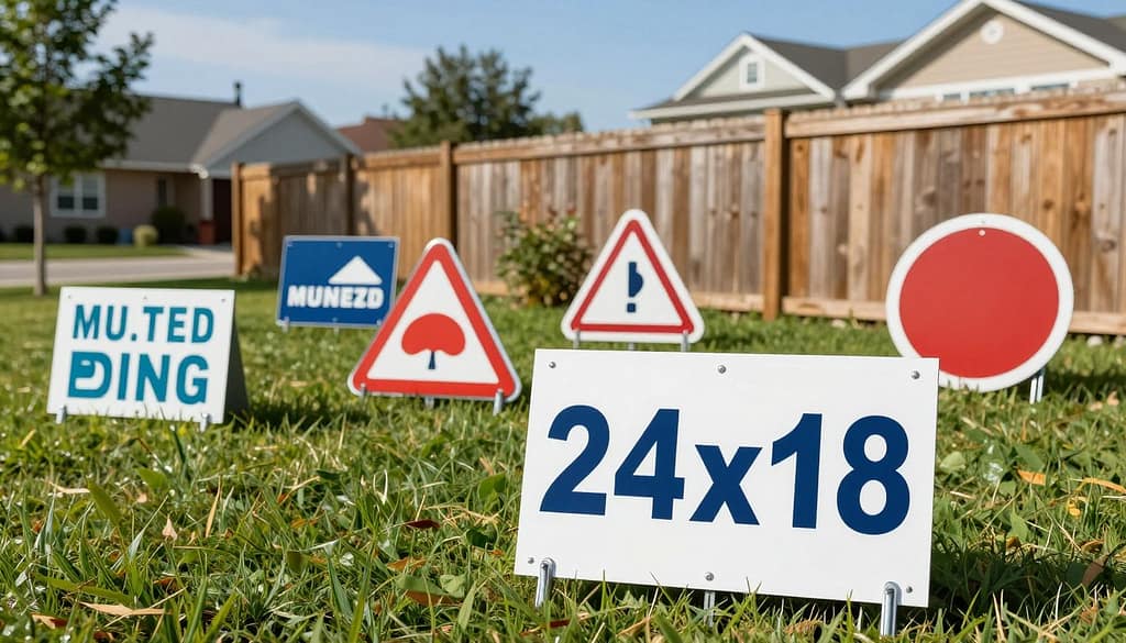 A collection of various yard signs displayed on a well-maintained lawn, showcasing different dimensions and shapes, including rectangular, triangular, and round designs. The foreground features a close-up of a standard 24x18-inch sign with bold colors, sharp graphics, and a sturdy metal frame. In the middle ground, additional signs of varying sizes lean against a wooden fence, illustrating different printing techniques. The background is a sunny suburban neighborhood with a clear blue sky, creating a cheerful and inviting atmosphere. Utilize soft natural lighting to highlight the texture of the signs and the grass. The angle captures the scene slightly from above, providing a comprehensive view of the yard signs in context, promoting a vibrant, informative mood without any text or watermarks. A collection of various yard signs displayed on a well-maintained lawn, showcasing different dimensions and shapes, including rectangular, triangular, and round designs. The foreground features a close-up of a standard 24x18-inch sign with bold colors, sharp graphics, and a sturdy metal frame. In the middle ground, additional signs of varying sizes lean against a wooden fence, illustrating different printing techniques. The background is a sunny suburban neighborhood with a clear blue sky, creating a cheerful and inviting atmosphere. Utilize soft natural lighting to highlight the texture of the signs and the grass. The angle captures the scene slightly from above, providing a comprehensive view of the yard signs in context, promoting a vibrant, informative mood without any text or watermarks.
