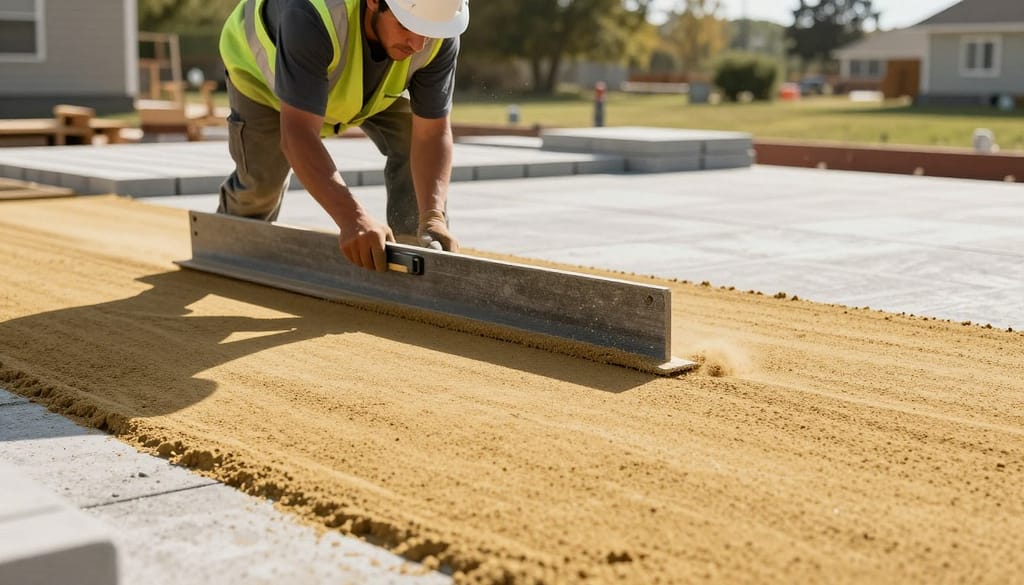 A construction worker, wearing a hard hat and safety vest, skillfully screeding a smooth layer of fine, golden sand on a flat surface in preparation for 24x24 concrete pavers. In the foreground, the focus is on the screed board gliding evenly over the sand, leaving a perfectly level texture. The middle ground features scattered paver stones, ready for placement, emphasizing the importance of precise leveling. In the background, a sunny day casts warm, natural light across the sand, highlighting the dust particles in the air and creating a vibrant, industrious atmosphere. The scene captures a sense of professionalism and craftsmanship, set on a residential yard with a blurred, distant landscape of trees and grass, enhancing the focus on the task at hand. A construction worker, wearing a hard hat and safety vest, skillfully screeding a smooth layer of fine, golden sand on a flat surface in preparation for 24x24 concrete pavers. In the foreground, the focus is on the screed board gliding evenly over the sand, leaving a perfectly level texture. The middle ground features scattered paver stones, ready for placement, emphasizing the importance of precise leveling. In the background, a sunny day casts warm, natural light across the sand, highlighting the dust particles in the air and creating a vibrant, industrious atmosphere. The scene captures a sense of professionalism and craftsmanship, set on a residential yard with a blurred, distant landscape of trees and grass, enhancing the focus on the task at hand.