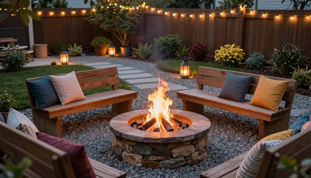 A cozy backyard fire pit area, designed on a budget, featuring essential elements for a welcoming atmosphere. In the foreground, a circular stone fire pit with glowing embers, surrounded by affordable wooden benches and a few colorful cushions, suggesting comfort. The middle ground includes a small gravel pathway leading to the fire pit, with scattered lanterns providing soft, warm lighting. The background showcases a simple, well-maintained garden with low-cost shrubs and fairy lights strung between trees, creating a magical ambiance. The scene is illuminated by the gentle glow of the fire and the warm evening light, captured from a slightly elevated angle to emphasize the inviting layout and relaxed vibe of the space. A cozy backyard fire pit area, designed on a budget, featuring essential elements for a welcoming atmosphere. In the foreground, a circular stone fire pit with glowing embers, surrounded by affordable wooden benches and a few colorful cushions, suggesting comfort. The middle ground includes a small gravel pathway leading to the fire pit, with scattered lanterns providing soft, warm lighting. The background showcases a simple, well-maintained garden with low-cost shrubs and fairy lights strung between trees, creating a magical ambiance. The scene is illuminated by the gentle glow of the fire and the warm evening light, captured from a slightly elevated angle to emphasize the inviting layout and relaxed vibe of the space.