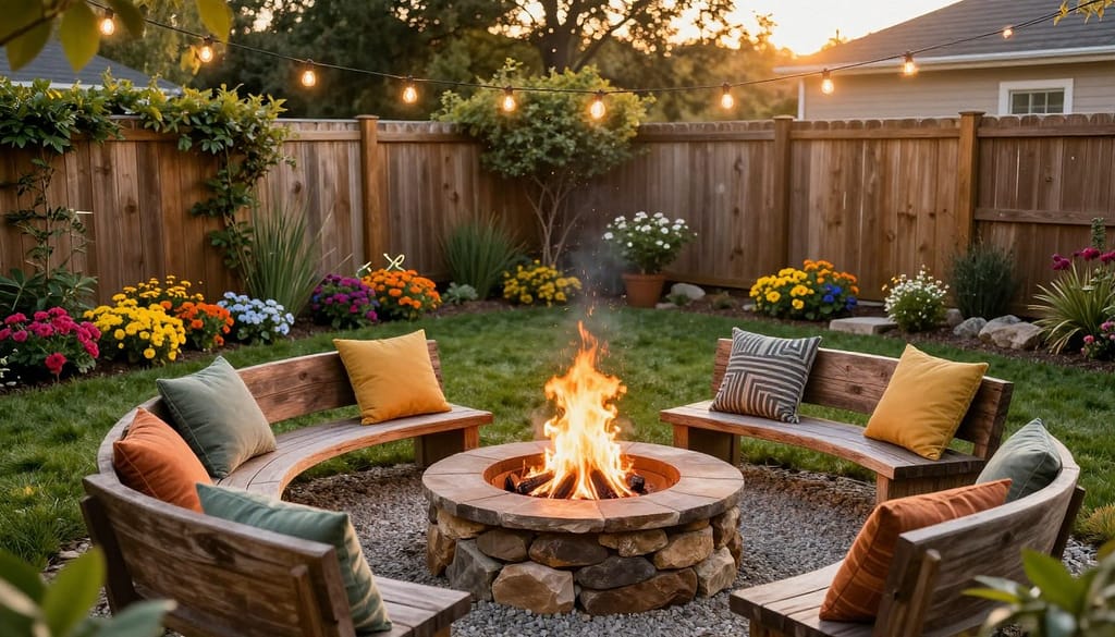 A cozy backyard fire pit landscape designed on a budget. In the foreground, a circular fire pit made of stone, surrounded by rustic wooden benches and vibrant outdoor cushions. In the middle ground, a lush green lawn is interspersed with flower beds featuring seasonal blooms in a rainbow of colors. A small gravel pathway leads to the fire pit, illuminated by warm, soft lights strung overhead. In the background, a wooden fence provides privacy, partially covered with climbing vines, creating a serene atmosphere. The scene is captured during the golden hour, with warm sunlight casting gentle shadows and enhancing the inviting ambiance. The mood is tranquil and inviting, perfect for outdoor gatherings. A cozy backyard fire pit landscape designed on a budget. In the foreground, a circular fire pit made of stone, surrounded by rustic wooden benches and vibrant outdoor cushions. In the middle ground, a lush green lawn is interspersed with flower beds featuring seasonal blooms in a rainbow of colors. A small gravel pathway leads to the fire pit, illuminated by warm, soft lights strung overhead. In the background, a wooden fence provides privacy, partially covered with climbing vines, creating a serene atmosphere. The scene is captured during the golden hour, with warm sunlight casting gentle shadows and enhancing the inviting ambiance. The mood is tranquil and inviting, perfect for outdoor gatherings.