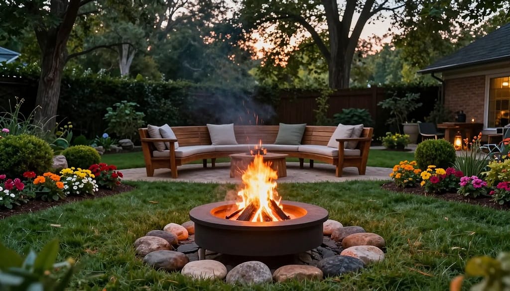A cozy backyard fire pit scene, situated in the foreground, surrounded by smooth stones and softly glowing embers. Lush green grass frames the area, with decorative landscape elements such as blooming flower beds and carefully arranged shrubs adding vibrant colors. In the middle ground, a wooden seating arrangement, with rustic benches and comfortable outdoor cushions, invites relaxation. Warm evening lighting casts a gentle glow, enhancing the inviting atmosphere. In the background, a canopy of tall trees creates a tranquil setting, their silhouettes softly illuminated by the fire's flicker. Capture this scene from a slightly elevated angle to provide depth, emphasizing the harmony between the fire pit and surrounding natural beauty. The mood should evoke warmth, togetherness, and tranquility in an outdoor sanctuary. A cozy backyard fire pit scene, situated in the foreground, surrounded by smooth stones and softly glowing embers. Lush green grass frames the area, with decorative landscape elements such as blooming flower beds and carefully arranged shrubs adding vibrant colors. In the middle ground, a wooden seating arrangement, with rustic benches and comfortable outdoor cushions, invites relaxation. Warm evening lighting casts a gentle glow, enhancing the inviting atmosphere. In the background, a canopy of tall trees creates a tranquil setting, their silhouettes softly illuminated by the fire's flicker. Capture this scene from a slightly elevated angle to provide depth, emphasizing the harmony between the fire pit and surrounding natural beauty. The mood should evoke warmth, togetherness, and tranquility in an outdoor sanctuary.