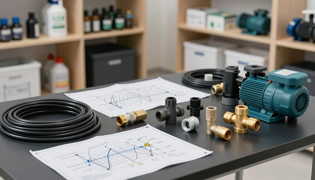 A detailed arrangement of commercial irrigation components in a well-lit indoor setting, focusing on the foreground with a series of high-quality components like drip lines, sprinklers, valves, connectors, and pumps displayed on a sleek, dark table. In the middle ground, there are blueprints and technical schematics for irrigation designs spread out, suggesting a professional consultation atmosphere. The background features shelves with additional irrigation supplies organized neatly. Soft, diffused lighting casts no harsh shadows but highlights the materials' textures, giving a clean, professional look. The angle is slightly elevated to capture the entire composition, evoking a sense of expertise and clarity in commercial irrigation solutions, aimed at business professionals. A detailed arrangement of commercial irrigation components in a well-lit indoor setting, focusing on the foreground with a series of high-quality components like drip lines, sprinklers, valves, connectors, and pumps displayed on a sleek, dark table. In the middle ground, there are blueprints and technical schematics for irrigation designs spread out, suggesting a professional consultation atmosphere. The background features shelves with additional irrigation supplies organized neatly. Soft, diffused lighting casts no harsh shadows but highlights the materials' textures, giving a clean, professional look. The angle is slightly elevated to capture the entire composition, evoking a sense of expertise and clarity in commercial irrigation solutions, aimed at business professionals.