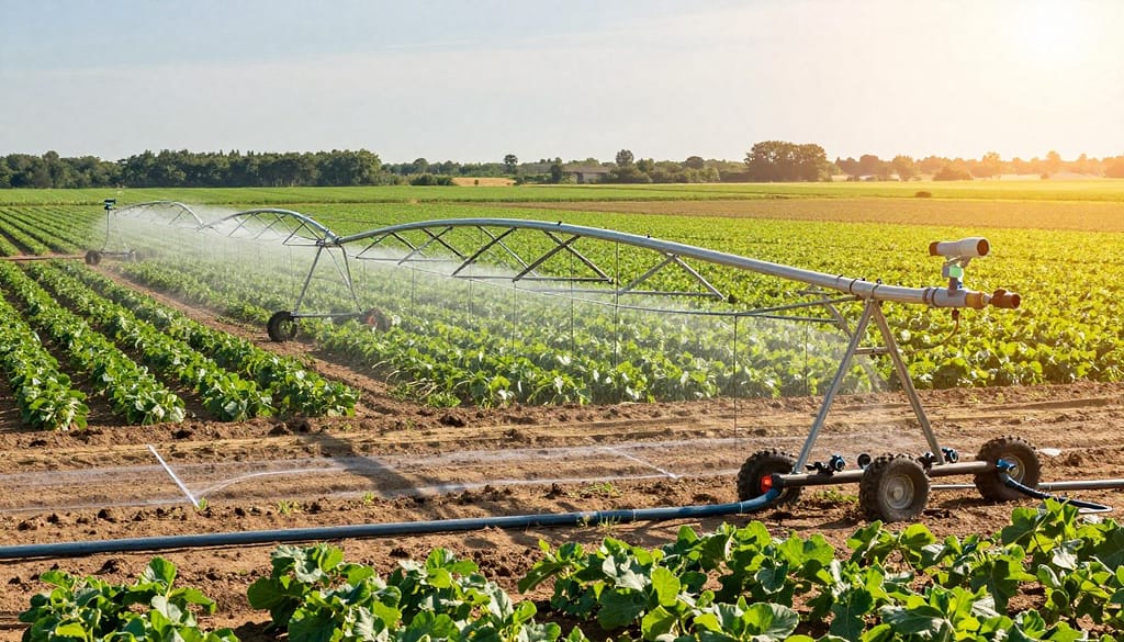 A detailed comparison of various commercial irrigation systems is depicted in a spacious agricultural setting. In the foreground, three distinct irrigation systems—drip, sprinkler, and surface irrigation—are visually represented, showcasing their unique apparatus like pipes, emitters, and nozzles. The middle ground features a lush green landscape with rows of crops benefiting from each system, demonstrating their effectiveness. The background includes a sunny sky casting warm, natural light, enhancing the vibrant colors of the equipment and plants. The scene conveys a sense of professionalism and innovation, with an emphasis on agricultural sustainability. The image is shot from a slightly elevated angle, allowing for a comprehensive view of the systems in action, while maintaining a clean and focused composition without any text or distractions. A detailed comparison of various commercial irrigation systems is depicted in a spacious agricultural setting. In the foreground, three distinct irrigation systems—drip, sprinkler, and surface irrigation—are visually represented, showcasing their unique apparatus like pipes, emitters, and nozzles. The middle ground features a lush green landscape with rows of crops benefiting from each system, demonstrating their effectiveness. The background includes a sunny sky casting warm, natural light, enhancing the vibrant colors of the equipment and plants. The scene conveys a sense of professionalism and innovation, with an emphasis on agricultural sustainability. The image is shot from a slightly elevated angle, allowing for a comprehensive view of the systems in action, while maintaining a clean and focused composition without any text or distractions.