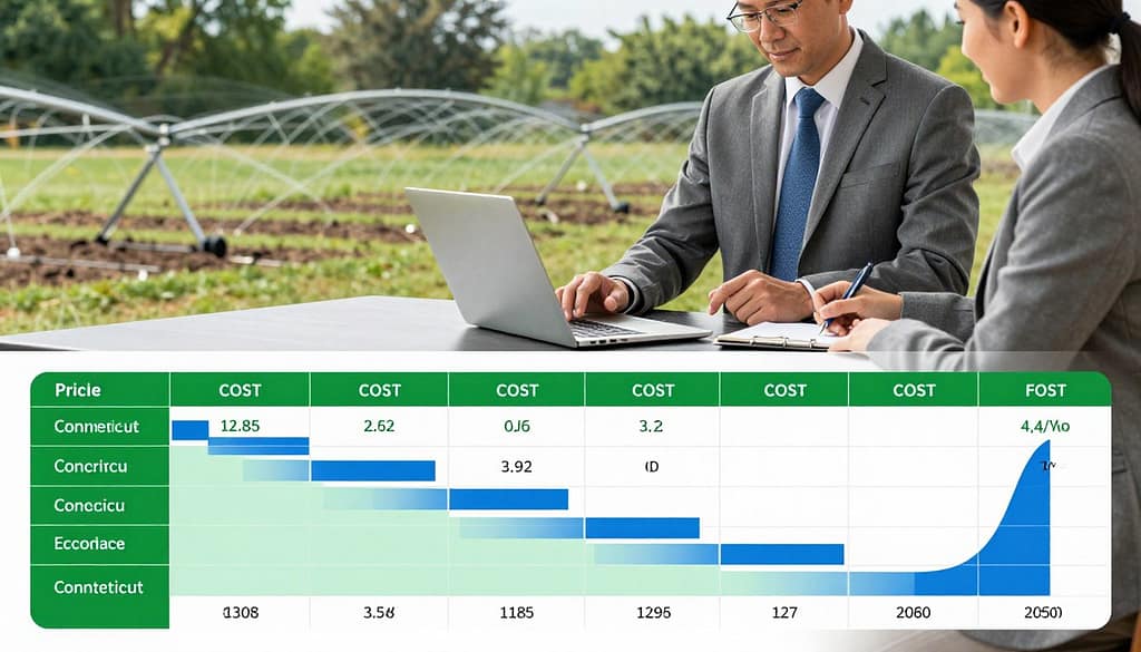 A detailed illustration of a Connecticut commercial irrigation system pricing chart. In the foreground, feature a well-organized table displaying cost per square foot, with clear graphs depicting the breakdown of expenses. Use bold colors like green and blue to represent different pricing tiers. In the middle ground, show a professional consultant in business attire, analyzing the chart, with a laptop open and a notepad beside them. The background should include a landscaped commercial property, illustrating the variety of irrigation systems installed, such as drip and sprinkler systems. The scene is well-lit, suggesting a bright and productive atmosphere, with a shallow depth of field focusing on the consultant and the pricing chart. A detailed illustration of a Connecticut commercial irrigation system pricing chart. In the foreground, feature a well-organized table displaying cost per square foot, with clear graphs depicting the breakdown of expenses. Use bold colors like green and blue to represent different pricing tiers. In the middle ground, show a professional consultant in business attire, analyzing the chart, with a laptop open and a notepad beside them. The background should include a landscaped commercial property, illustrating the variety of irrigation systems installed, such as drip and sprinkler systems. The scene is well-lit, suggesting a bright and productive atmosphere, with a shallow depth of field focusing on the consultant and the pricing chart.