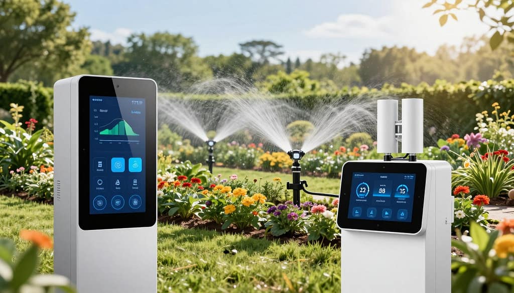 A modern smart irrigation control system prominently displayed in the foreground, featuring sleek digital interfaces and sensors showcasing real-time water usage data. In the middle ground, a well-maintained garden with vibrant plants and flowers demonstrates the effective results of the irrigation system, all meticulously arranged to highlight efficient water distribution. The background features a lush landscape under a bright, sunny sky, with gentle shadows indicating midday lighting, creating an inviting atmosphere. The overall mood conveys innovation and sustainability, ideal for commercial applications. The scene is captured from a slight low-angle perspective, emphasizing the technology’s importance while maintaining a natural feel. A modern smart irrigation control system prominently displayed in the foreground, featuring sleek digital interfaces and sensors showcasing real-time water usage data. In the middle ground, a well-maintained garden with vibrant plants and flowers demonstrates the effective results of the irrigation system, all meticulously arranged to highlight efficient water distribution. The background features a lush landscape under a bright, sunny sky, with gentle shadows indicating midday lighting, creating an inviting atmosphere. The overall mood conveys innovation and sustainability, ideal for commercial applications. The scene is captured from a slight low-angle perspective, emphasizing the technology’s importance while maintaining a natural feel.